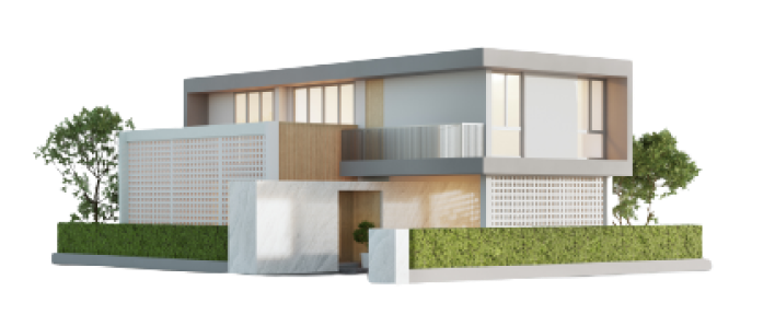 Casa moderna branca, com arvores pequenas no quintal